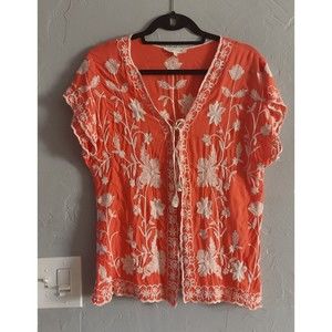 Solitaire Cardigan,Women Size L, Embroidery,Cover Up,Coral,Short,17 Inch Of Armp